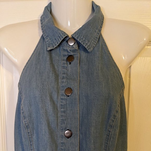 Free People Sami Medium Wash Denim Button-Front Halter Mini Dress - size XS - Picture 5 of 11